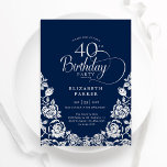 Invitation 40e anniversaire Marine Roses d'argent<br><div class="desc">Invitation de 40e anniversaire en argent de la Marine. Design classique avec rose, faux feuille argent et police de script de typographie. Carte invitation tendance parfaite pour une célébration anniversaire élégante. Personnalisez avec vos propres détails. Peut être customisé à n'importe quel âge. Invitations Zazzle imprimées ou téléchargement instantané modèle imprimable...</div>