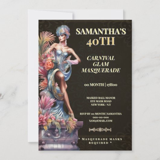 Invitation 40e Anniversaire Masqué Noir Or (Devant)