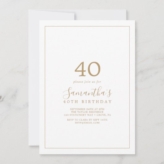 Invitation 40e anniversaire minimaliste d'or (Devant)