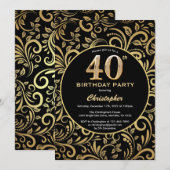 Invitation 40e anniversaire Modèle floral noir et or (Devant / Derrière)