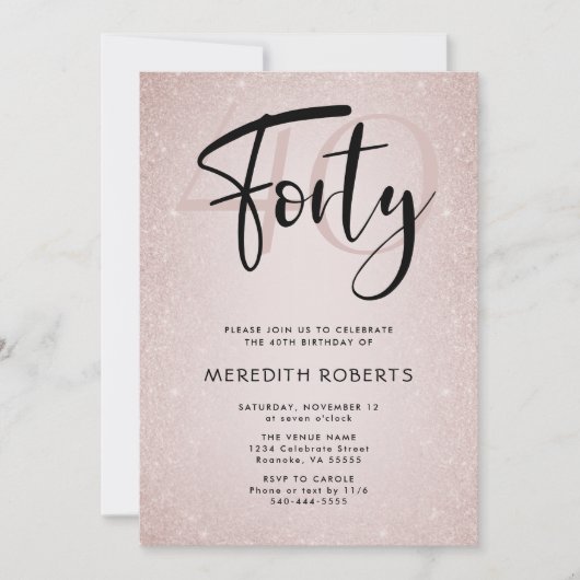 Invitation 40e anniversaire Modern Script Rose Gold Party (Devant)