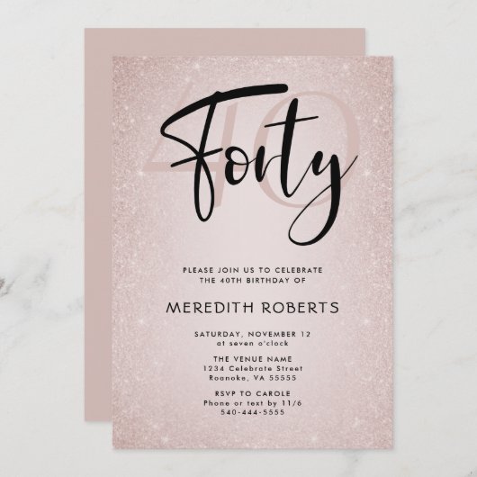 Invitation 40e anniversaire Modern Script Rose Gold Party (Devant / Derrière)