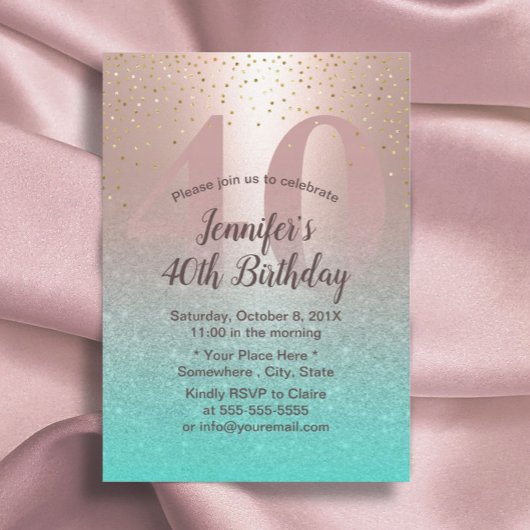 Invitation 40e anniversaire Moderne Blush Rose Gold Aqua Turq