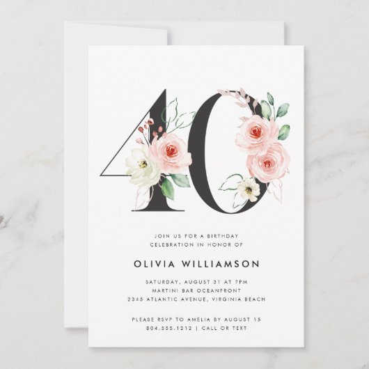 Invitation 40e anniversaire Moderne Floral Rose Gold Green (Devant)