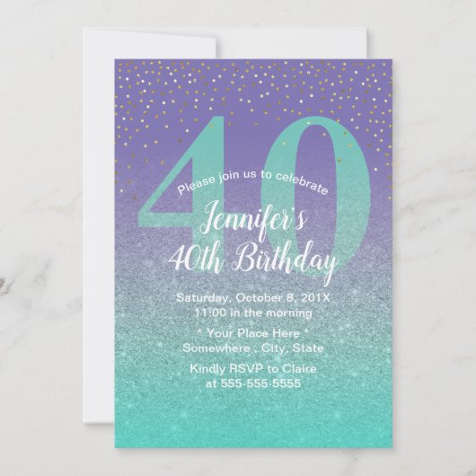 Invitation 40e anniversaire moderne Turquoise & violet Partie (Devant)