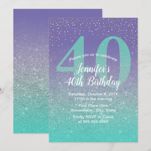 Invitation 40e anniversaire moderne Turquoise & violet Partie (Devant / Derrière)