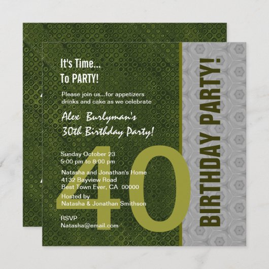 Invitation 40e anniversaire moderne vert et argent S302 (Devant / Derrière)