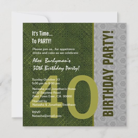 Invitation 40e anniversaire moderne vert et argent S302 (Devant)