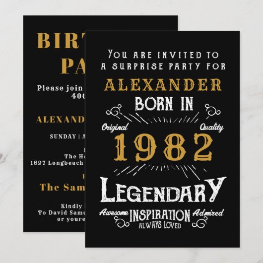 Invitation 40e anniversaire Né 1982 Black Gold Retro (Devant / Derrière)