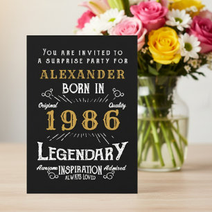 Invitation 40e anniversaire Né en 1986 Noir Or Rétro Vintage
