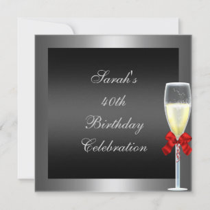 Invitation 40e Anniversaire Nœud Rouge Champagne Argent Noir