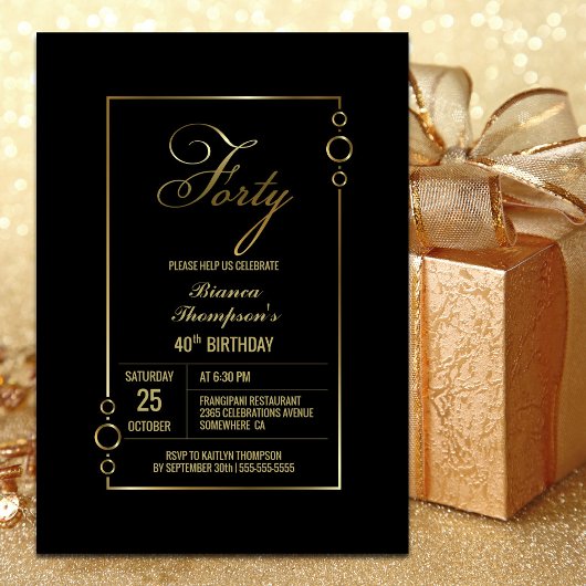 Invitation 40e anniversaire Noir avec Gold Frame Party