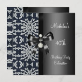 Invitation 40e anniversaire Noir Blanc Argent Floral Bijou Bo (Devant / Derrière)