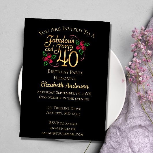 Invitation 40e anniversaire Noir et or avec Rose