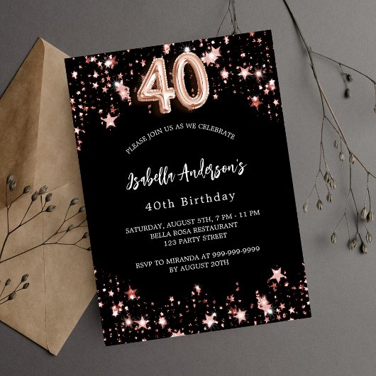 Invitation 40e anniversaire noir rose or étoiles luxe