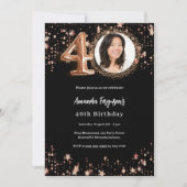 Invitation 40e anniversaire noir rose or photo étoiles luxe (Devant)