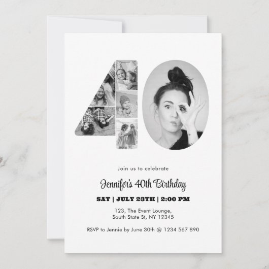 Invitation 40e anniversaire Numéro 40 Photo Collage noir blan (Devant)