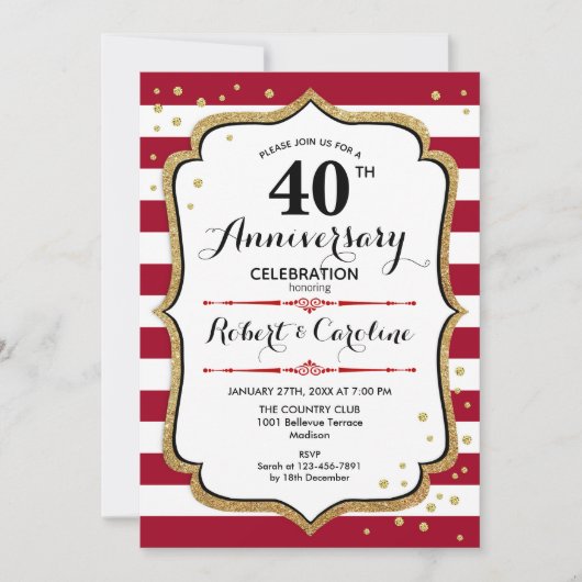 Invitation 40e anniversaire - Or blanc rouge rubis (Devant)