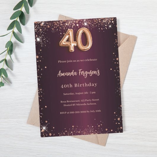 Invitation 40e anniversaire or rose bordeaux