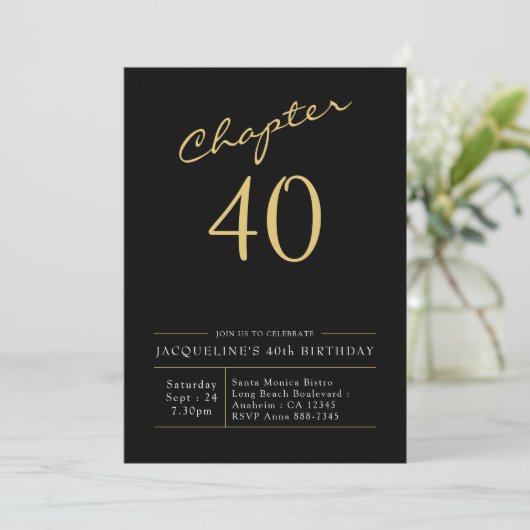 Invitation 40e Anniversaire Or Script moderne Noir (Debout devant)