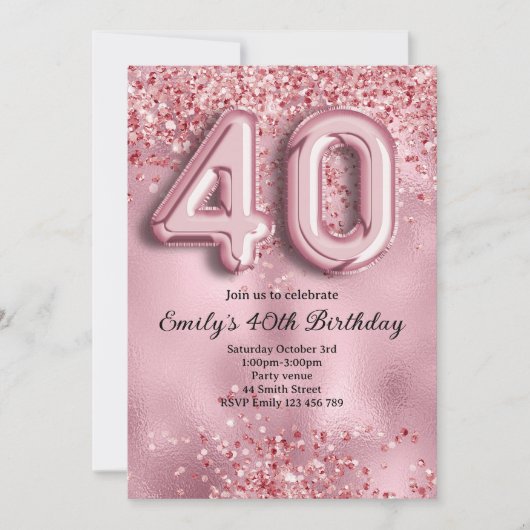 Invitation 40e Anniversaire Paillettes Roses (Devant)