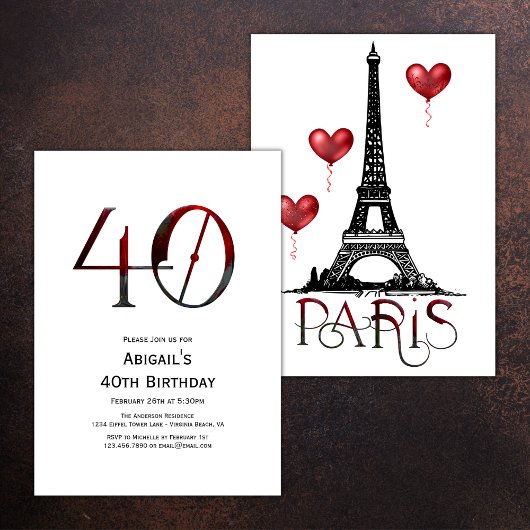 Invitation 40e anniversaire Paris, Tour Eiffel, Ballons rouge
