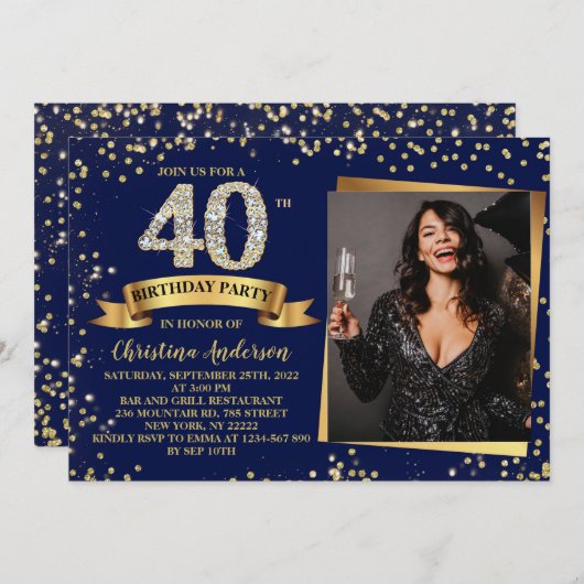 Invitation 40e anniversaire Parties scintillant d'or bleu mar (Devant / Derrière)