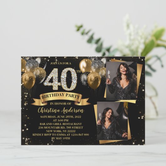 Invitation 40e anniversaire Parties scintillant moderne or Ba (Debout devant)