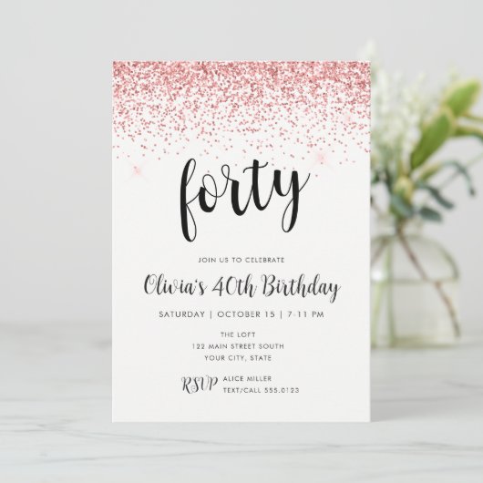 Invitation 40e anniversaire Parties scintillant rose Confetti (Debout devant)