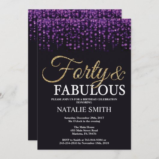 Invitation 40e anniversaire Parties scintillant violet et or (Devant / Derrière)