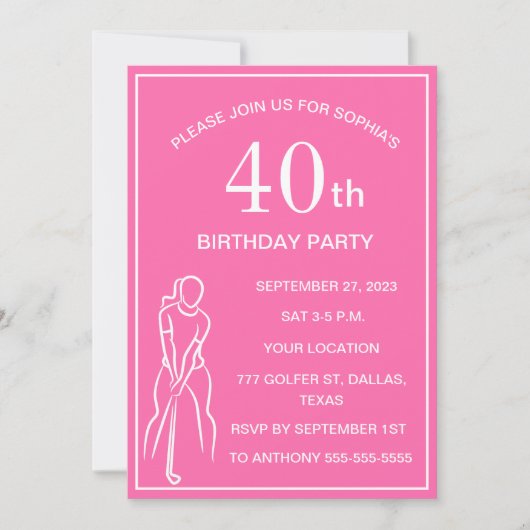 Invitation 40e Anniversaire Party Golfer Pink Ladies Golf Par (Devant)