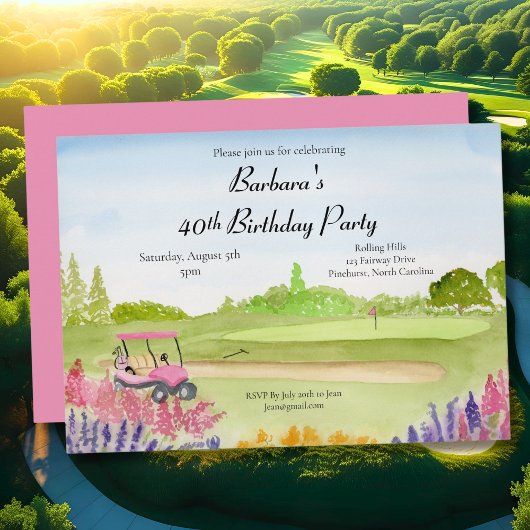 Invitation 40e Anniversaire Party Pink Golf Cart Golf Course