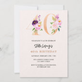 Invitation 40e anniversaire pêche fleurie numéro or luxe (Devant)