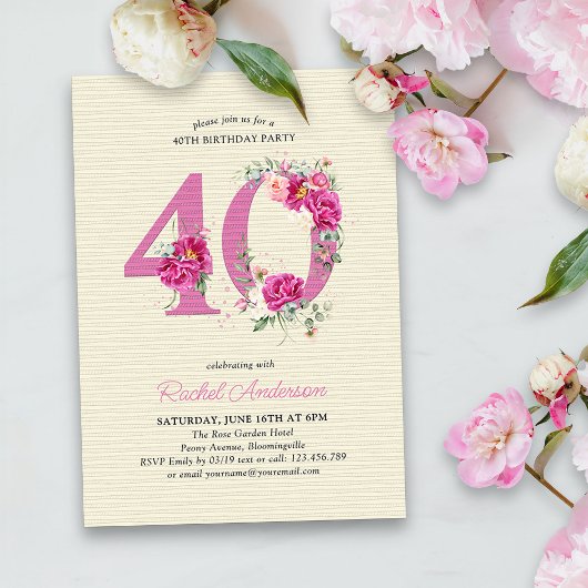 Invitation 40e anniversaire Peony rose Floral Numéro 40