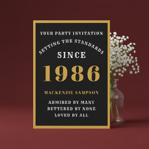 Invitation 40e anniversaire personnalisé 1986 Élégant Noir Or