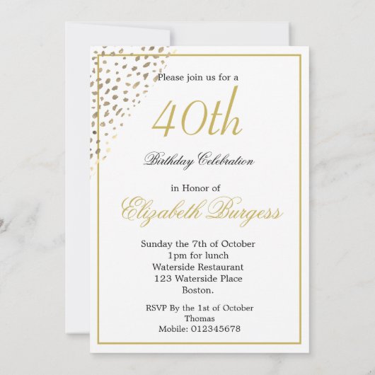 Invitation 40e anniversaire Photo Gold Elegant (Dos)