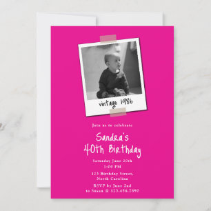 Invitation 40e anniversaire photo vintage années 80 rose