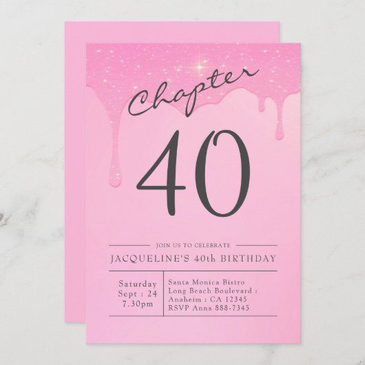 Invitation 40e anniversaire Pink Grey Party (Devant / Derrière)