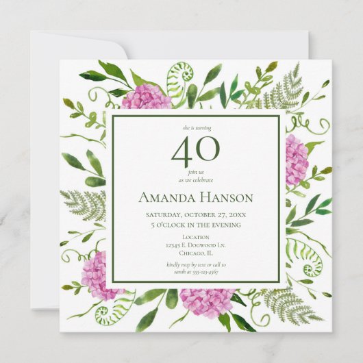 Invitation 40e anniversaire Pink Hydrangeas (Devant)