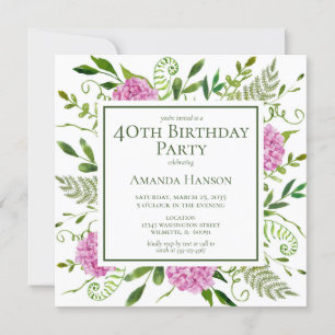 Invitation 40e anniversaire Pink Hydrangeas