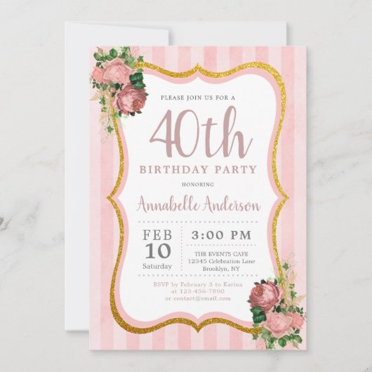 Invitation 40e anniversaire Pink Stripe Floral Gold Parties s (Devant)