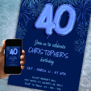 Invitation 40e anniversaire pour lui Blue Foil Balloon Firewo