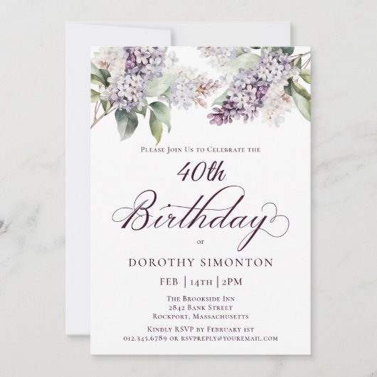 Invitation 40e anniversaire Purple Spring Fleur Lilac (Devant)