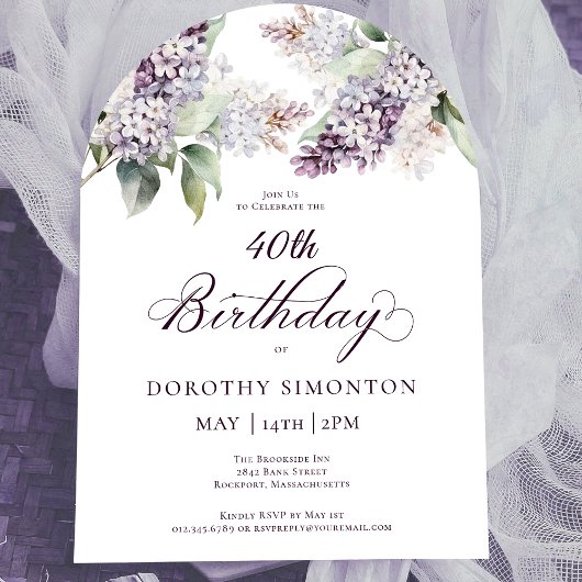 Invitation 40e anniversaire Purple Spring Lilac Arc de fleurs