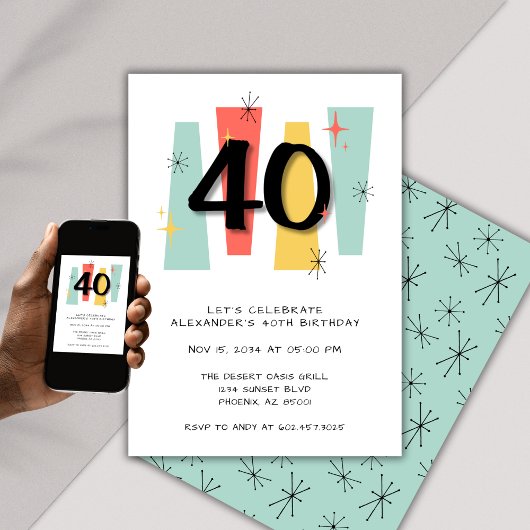 Invitation 40e Anniversaire Retro Midsiècle moderne coloré