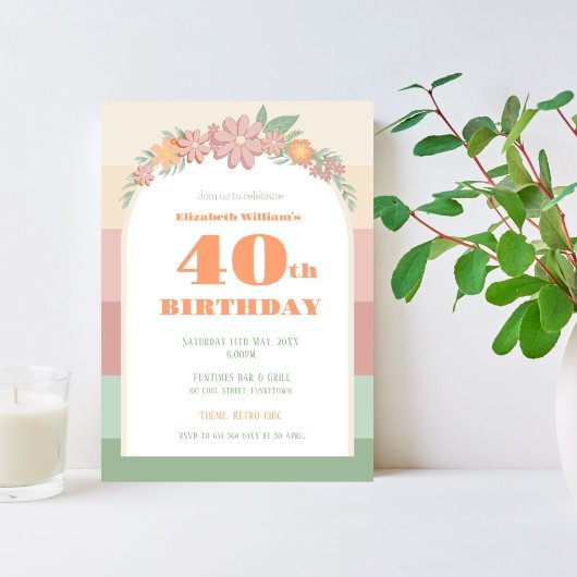 Invitation - 40e anniversaire - rétro rose floral