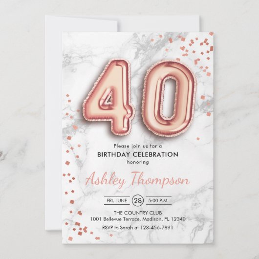 Invitation 40e anniversaire - Rose Ballons d'or effet marbre (Devant)