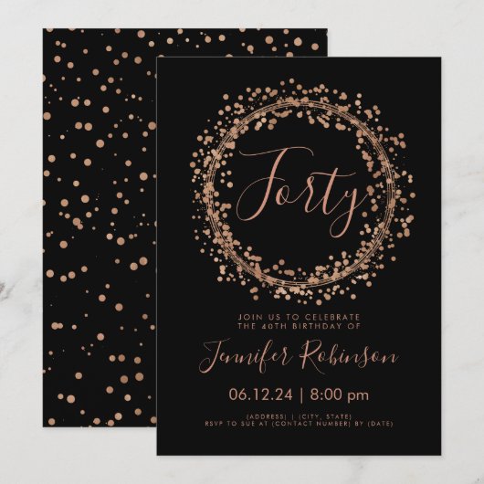 Invitation 40e anniversaire Rose de fête Gold Noir Confetti (Devant / Derrière)