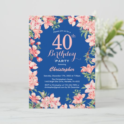 Invitation 40e anniversaire rose fleurs florales bleu (Debout devant)