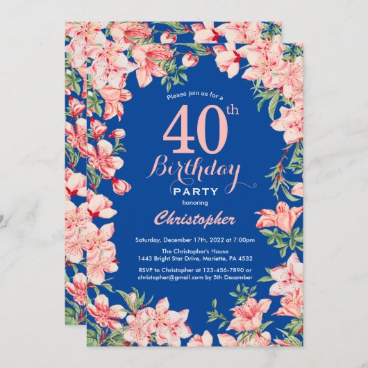 Invitation 40e anniversaire rose fleurs florales bleu (Devant / Derrière)